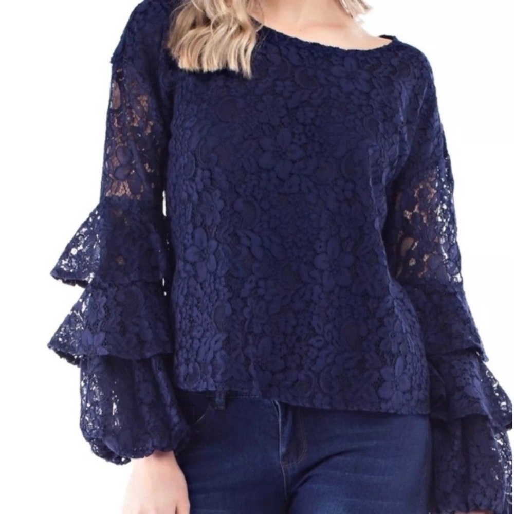 Solitaire Navy lace top with tiered bell sleeves